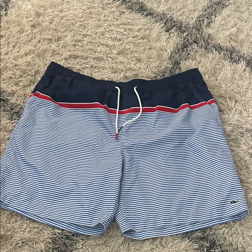 Vineyard Vines Navy, White & Red Striped Swim Trunks